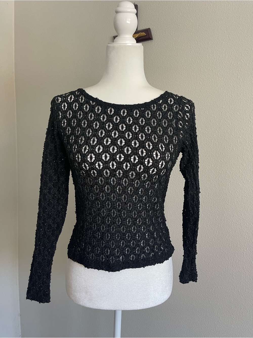 HUE Black Crochet Long Sleeve Top